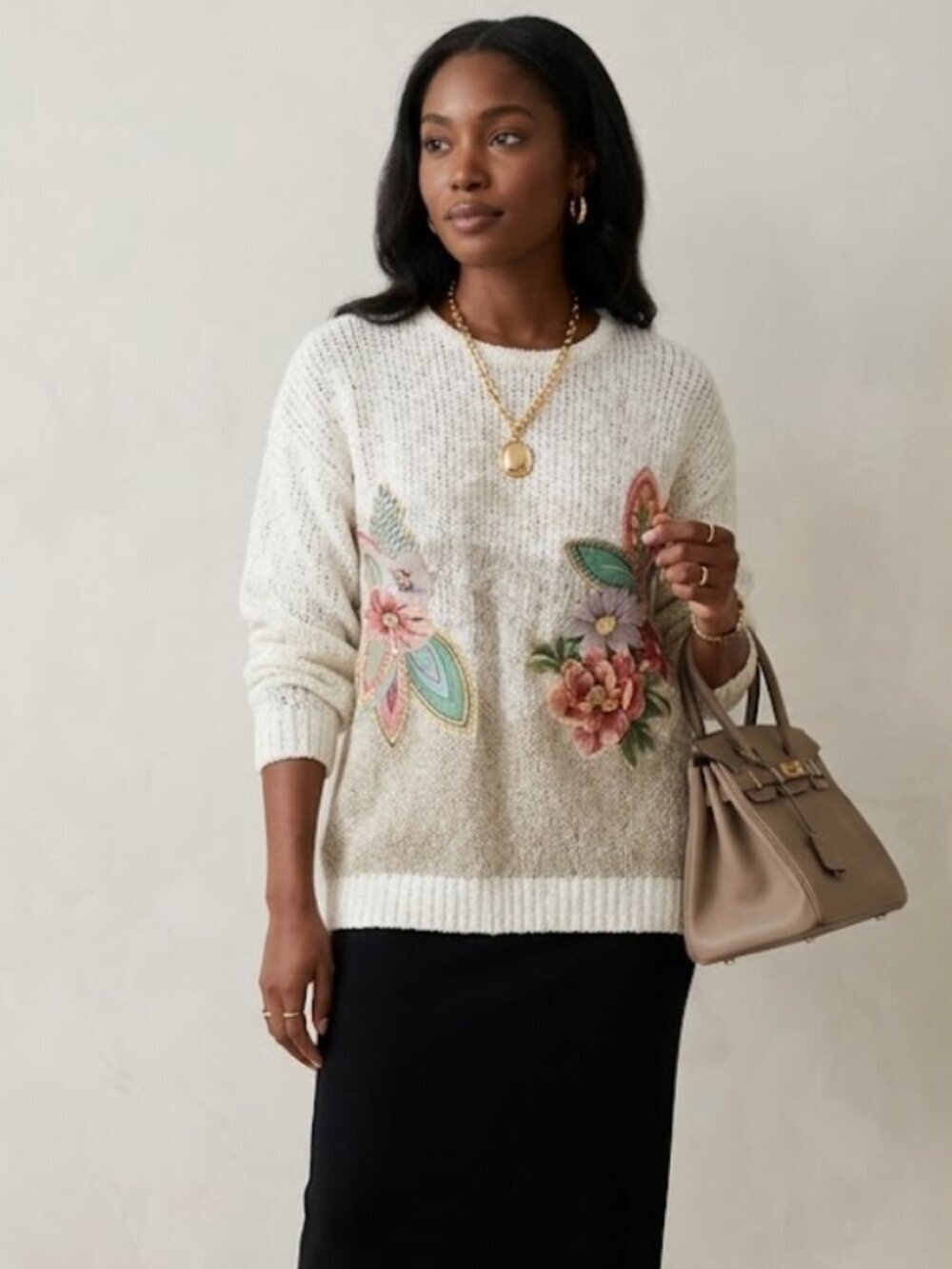 Vintage Floral Patchwork Chunky Metallic Knit Sweater SZ M - Picture 1 of 5